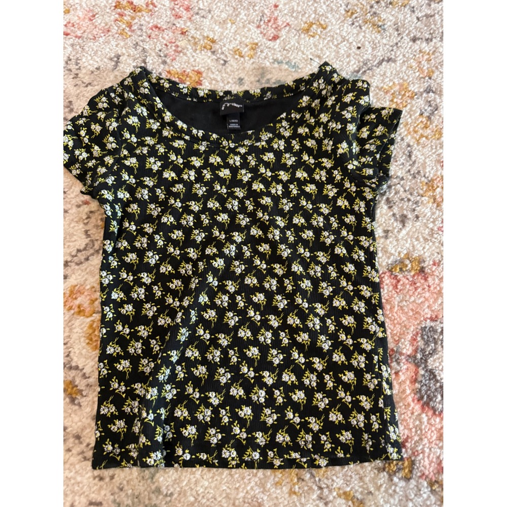 Art Class Girls Black Floral Ribbed Short Sleeve Top Size L 10-12 Scoop Neck Tee